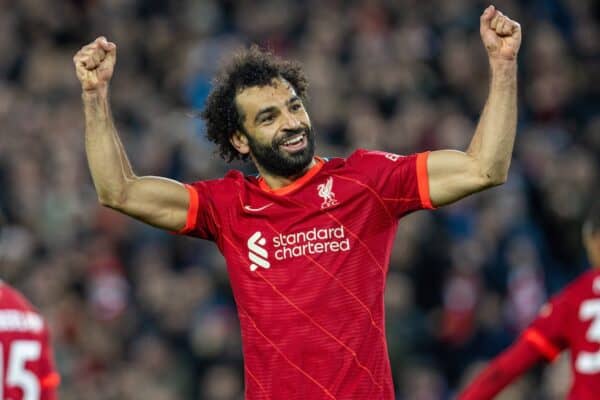 LIVERPOOL, ENGLAND - Saturday, November 20, 2021: Liverpool's Mohamed Salah celebrates after scoring the third goal during the FA Premier League match between Liverpool FC and Arsenal FC at Anfield. (Pic by David Rawcliffe/Propaganda)