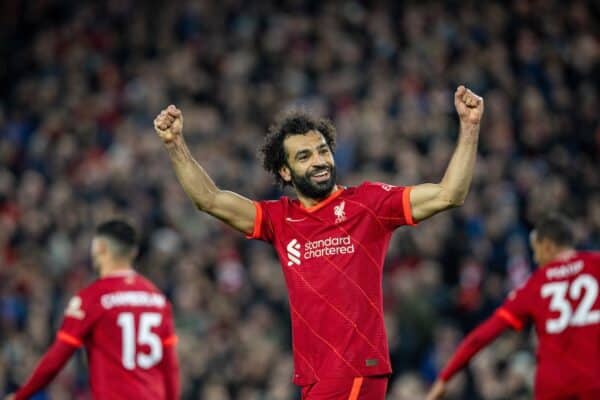 LIVERPOOL, ENGLAND - Saturday, November 20, 2021: Liverpool's Mohamed Salah celebrates after scoring the third goal during the FA Premier League match between Liverpool FC and Arsenal FC at Anfield. (Pic by David Rawcliffe/Propaganda)