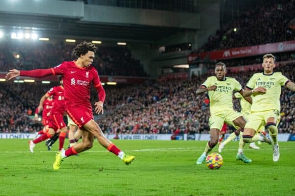 LIVERPOOL, ENGLAND - Saturday, November 20, 2021: Liverpool's Trent Alexander-Arnold sets-up the fourth goal during the FA Premier League match between Liverpool FC and Arsenal FC at Anfield. (Pic by David Rawcliffe/Propaganda)