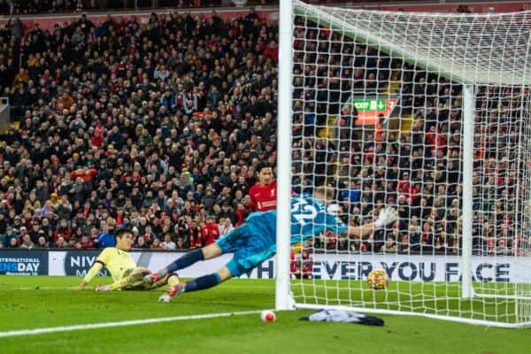 LIVERPOOL, ENGLAND - Saturday, November 20, 2021: Liverpool's Takumi Minamino scores the fourth goal during the FA Premier League match between Liverpool FC and Arsenal FC at Anfield. (Pic by David Rawcliffe/Propaganda)