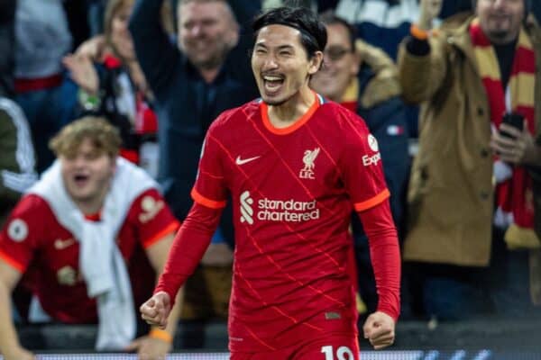 LIVERPOOL, ENGLAND - Saturday, November 20, 2021: Liverpool's Takumi Minamino celebrates after scoring the fourth goal during the FA Premier League match between Liverpool FC and Arsenal FC at Anfield. (Pic by David Rawcliffe/Propaganda)