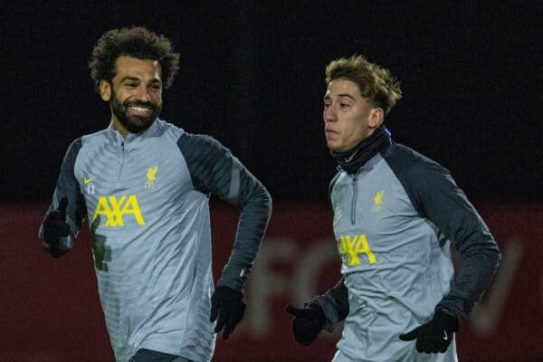 LIVERPOOL, ENGLAND - Tuesday, November 23, 2021: Liverpool's Mohamed Salah (L) and Kostas Tsimikas during a training session at the AXA Training Centre ahead of the UEFA Champions League Group B Matchday 4 game between Liverpool FC and FC Porto. (Pic by David Rawcliffe/Propaganda)