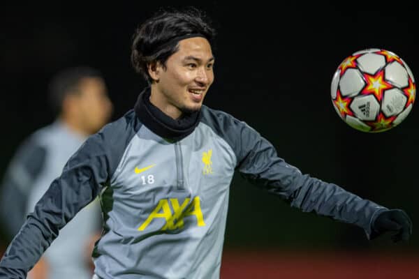 LIVERPOOL, ENGLAND - Tuesday, November 23, 2021: Liverpool's Takumi Minamino during a training session at the AXA Training Centre ahead of the UEFA Champions League Group B Matchday 4 game between Liverpool FC and FC Porto. (Pic by David Rawcliffe/Propaganda)