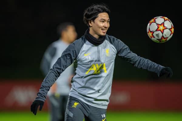 LIVERPOOL, ENGLAND - Tuesday, November 23, 2021: Liverpool's Takumi Minamino during a training session at the AXA Training Centre ahead of the UEFA Champions League Group B Matchday 4 game between Liverpool FC and FC Porto. (Pic by David Rawcliffe/Propaganda)