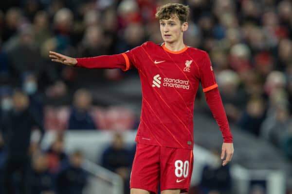 LIVERPOOL, ENGLAND - Wednesday, November 24, 2021: Liverpool's Tyler Morton during the UEFA Champions League Group B Matchday 5 game between Liverpool FC and FC Porto at Anfield. (Pic by David Rawcliffe/Propaganda)