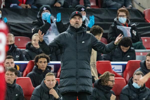 LIVERPOOL, ENGLAND - Wednesday, November 24, 2021: Liverpool's manager Jürgen Klopp during the UEFA Champions League Group B Matchday 5 game between Liverpool FC and FC Porto at Anfield. (Pic by David Rawcliffe/Propaganda)