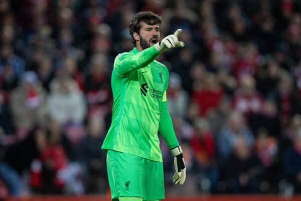 LIVERPOOL, ENGLAND - Wednesday, November 24, 2021: Liverpool's goalkeeper Alisson Becker during the UEFA Champions League Group B Matchday 5 game between Liverpool FC and FC Porto at Anfield. (Pic by David Rawcliffe/Propaganda)