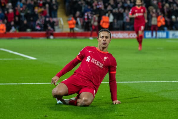 LIVERPOOL, ENGLAND - Wednesday, November 24, 2021: Liverpool's Thiago Alcantara celebrates after scoring the first goal during the UEFA Champions League Group B Matchday 5 game between Liverpool FC and FC Porto at Anfield. (Pic by David Rawcliffe/Propaganda)