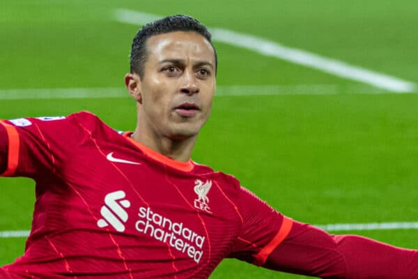 LIVERPOOL, ENGLAND - Wednesday, November 24, 2021: Liverpool's Thiago Alcantara celebrates after scoring the first goal during the UEFA Champions League Group B Matchday 5 game between Liverpool FC and FC Porto at Anfield. (Pic by David Rawcliffe/Propaganda)