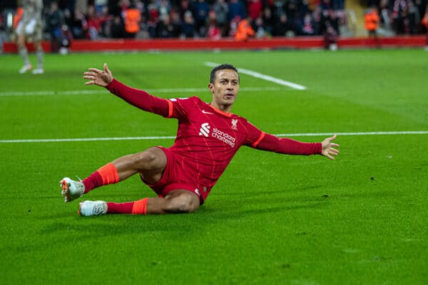 LIVERPOOL, ENGLAND - Wednesday, November 24, 2021: Liverpool's Thiago Alcantara celebrates after scoring the first goal during the UEFA Champions League Group B Matchday 5 game between Liverpool FC and FC Porto at Anfield. (Pic by David Rawcliffe/Propaganda)