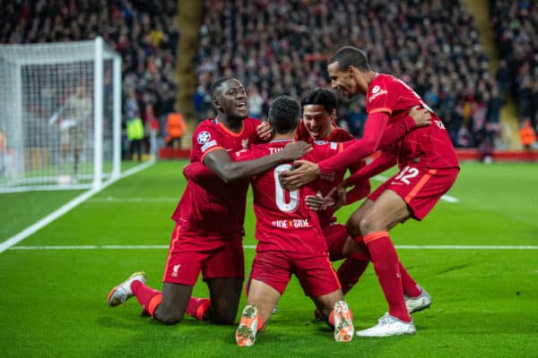 LIVERPOOL, ENGLAND - Wednesday, November 24, 2021: Liverpool's Thiago Alcantara (#3) celebrates with team-mates after scoring the first goal during the UEFA Champions League Group B Matchday 5 game between Liverpool FC and FC Porto at Anfield. (Pic by David Rawcliffe/Propaganda)