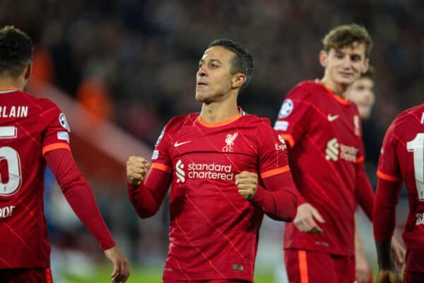 LIVERPOOL, ENGLAND - Wednesday, November 24, 2021: Liverpool's Thiago Alcantara celebrates after scoring the first goal during the UEFA Champions League Group B Matchday 5 game between Liverpool FC and FC Porto at Anfield. (Pic by David Rawcliffe/Propaganda)