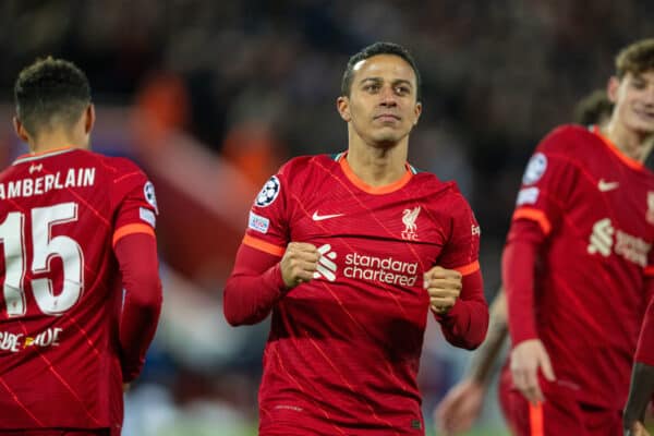 LIVERPOOL, ENGLAND - Wednesday, November 24, 2021: Liverpool's Thiago Alcantara celebrates after scoring the first goal during the UEFA Champions League Group B Matchday 5 game between Liverpool FC and FC Porto at Anfield. (Pic by David Rawcliffe/Propaganda)