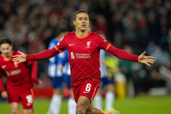 LIVERPOOL, ENGLAND - Wednesday, November 24, 2021: Liverpool's Thiago Alcantara celebrates after scoring the first goal during the UEFA Champions League Group B Matchday 5 game between Liverpool FC and FC Porto at Anfield. (Pic by David Rawcliffe/Propaganda)