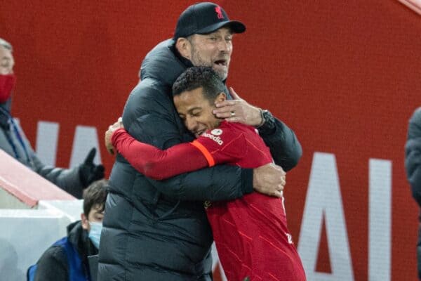 LIVERPOOL, ENGLAND - Wednesday, November 24, 2021: Liverpool's manager Jürgen Klopp embraces goal-scorer Thiago Alcantara as he is substituted during the UEFA Champions League Group B Matchday 5 game between Liverpool FC and FC Porto at Anfield. (Pic by David Rawcliffe/Propaganda)