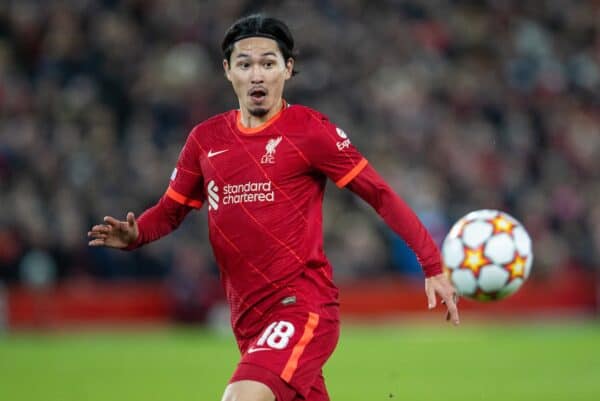 LIVERPOOL, ENGLAND - Wednesday, November 24, 2021: Liverpool's Takumi Minamino during the UEFA Champions League Group B Matchday 5 game between Liverpool FC and FC Porto at Anfield. (Pic by David Rawcliffe/Propaganda)