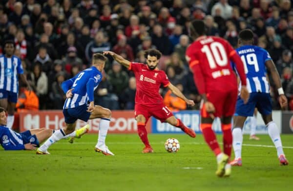LIVERPOOL, ENGLAND - Wednesday, November 24, 2021: Liverpool's Mohamed Salah scores the second goal during the UEFA Champions League Group B Matchday 5 game between Liverpool FC and FC Porto at Anfield. (Pic by David Rawcliffe/Propaganda)