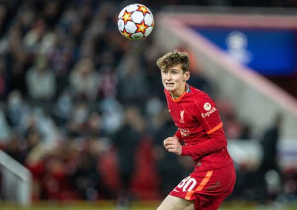 LIVERPOOL, ENGLAND - Wednesday, November 24, 2021: Liverpool's Tyler Morton during the UEFA Champions League Group B Matchday 5 game between Liverpool FC and FC Porto at Anfield. (Pic by David Rawcliffe/Propaganda)