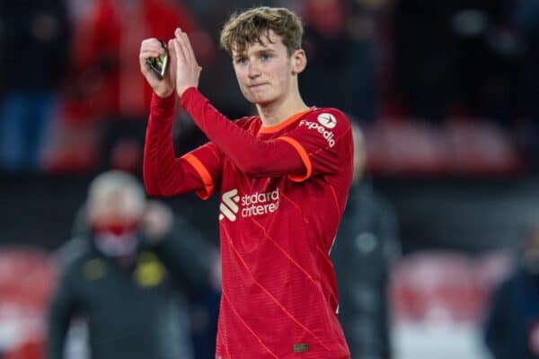 LIVERPOOL, ENGLAND - Wednesday, November 24, 2021: Liverpool's Tyler Morton applauds the supporters after the UEFA Champions League Group B Matchday 5 game between Liverpool FC and FC Porto at Anfield. (Pic by David Rawcliffe/Propaganda)