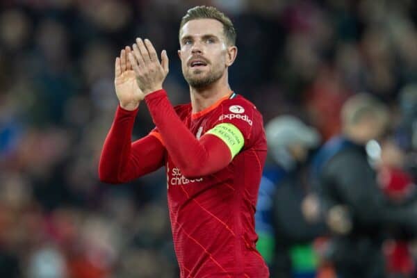 LIVERPOOL, ENGLAND - Wednesday, November 24, 2021: Liverpool's captain Jordan Henderson applauds the supporters after the UEFA Champions League Group B Matchday 5 game between Liverpool FC and FC Porto at Anfield. (Pic by David Rawcliffe/Propaganda)