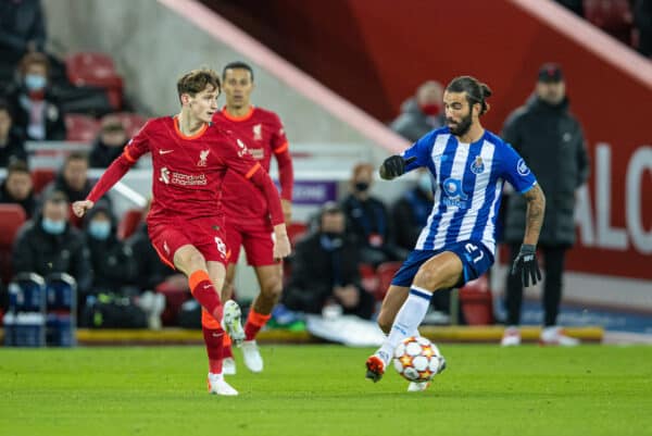 LIVERPOOL, ENGLAND - Wednesday, November 24, 2021: Liverpool's Tyler Morton during the UEFA Champions League Group B Matchday 5 game between Liverpool FC and FC Porto at Anfield. (Pic by David Rawcliffe/Propaganda)