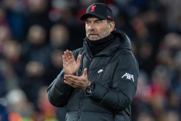 LIVERPOOL, ENGLAND - Wednesday, November 24, 2021: Liverpool's manager Jürgen Klopp applauds the supporters after the UEFA Champions League Group B Matchday 5 game between Liverpool FC and FC Porto at Anfield. (Pic by David Rawcliffe/Propaganda)