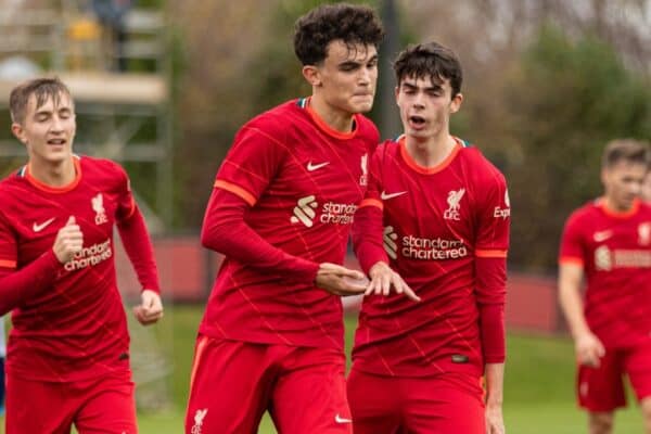 LIVERPOOL, ENGLAND - Wednesday, November 24, 2021: Liverpool's Stefan Bajcetic Maquieira (C) celebrates with team-mates after scoring the second goal during the UEFA Youth League Group B Matchday 4 game between Liverpool FC Under 19's and FC Porto Under 19's at the Liverpool Academy. (Pic by David Rawcliffe/Propaganda)