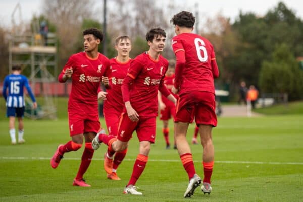 LIVERPOOL, ENGLAND - Wednesday, November 24, 2021: Liverpool's Stefan Bajcetic Maquieira (R) celebrates with team-mates after scoring the second goal during the UEFA Youth League Group B Matchday 4 game between Liverpool FC Under 19's and FC Porto Under 19's at the Liverpool Academy. (Pic by David Rawcliffe/Propaganda)