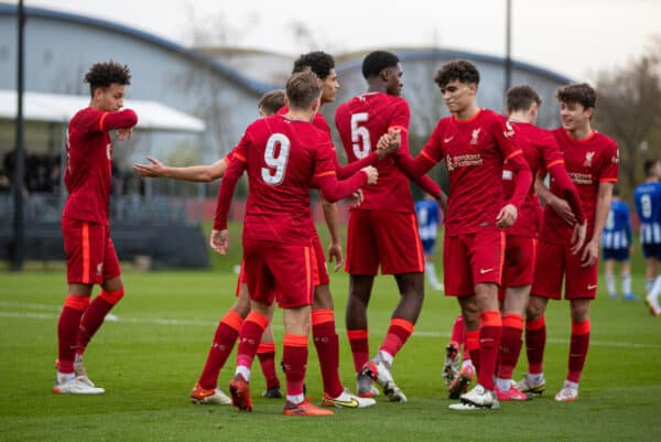 LIVERPOOL, ENGLAND - Wednesday, November 24, 2021: Liverpool's Max Woltman (#9) celebrates with team-mates after scoring the third goal during the UEFA Youth League Group B Matchday 4 game between Liverpool FC Under 19's and FC Porto Under 19's at the Liverpool Academy. (Pic by David Rawcliffe/Propaganda)