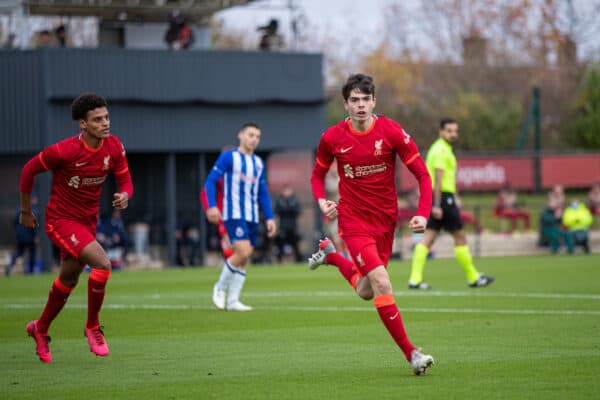 LIVERPOOL, ENGLAND - Wednesday, November 24, 2021: Liverpool's Dominic Corness celebrates after scoring the first goal during the UEFA Youth League Group B Matchday 4 game between Liverpool FC Under 19's and FC Porto Under 19's at the Liverpool Academy. (Pic by David Rawcliffe/Propaganda)