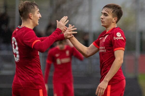 LIVERPOOL, ENGLAND - Wednesday, November 24, 2021: Liverpool's James Norris (R) celebrates after scoring the fourth goal during the UEFA Youth League Group B Matchday 4 game between Liverpool FC Under 19's and FC Porto Under 19's at the Liverpool Academy. (Pic by David Rawcliffe/Propaganda)