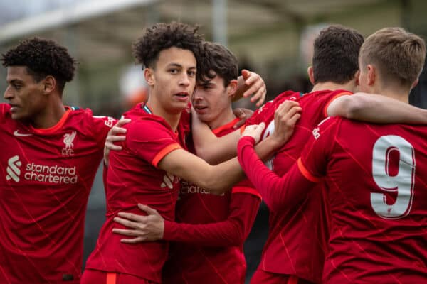 LIVERPOOL, ENGLAND - Wednesday, November 24, 2021: Liverpool's Dominic Corness (C) celebrates with team-mate Kaide Gordon (L) after scoring the first goal during the UEFA Youth League Group B Matchday 4 game between Liverpool FC Under 19's and FC Porto Under 19's at the Liverpool Academy. (Pic by David Rawcliffe/Propaganda)