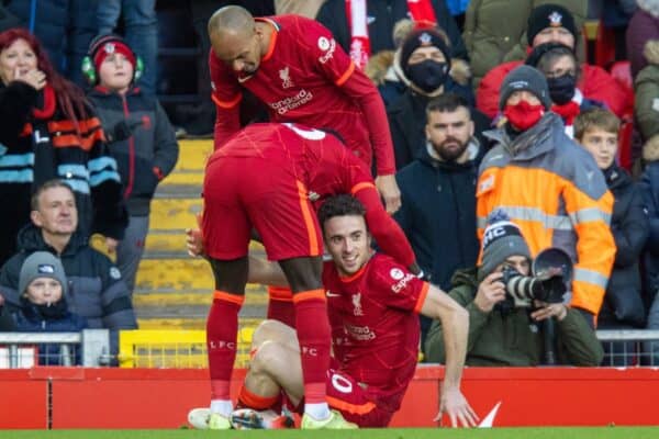 LIVERPOOL, ENGLAND - Saturday, November 27, 2021: Liverpool's Diogo Jota celebrates after scoring the first goal during the FA Premier League match between Liverpool FC and Southampton FC at Anfield. (Pic by David Rawcliffe/Propaganda)