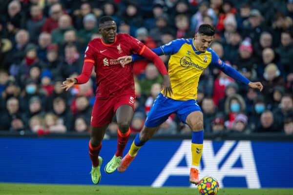 LIVERPOOL, ENGLAND - Saturday, November 27, 2021: Liverpool's Ibrahima Konaté (L) and Southampton's Armando Broja during the FA Premier League match between Liverpool FC and Southampton FC at Anfield. (Pic by David Rawcliffe/Propaganda)