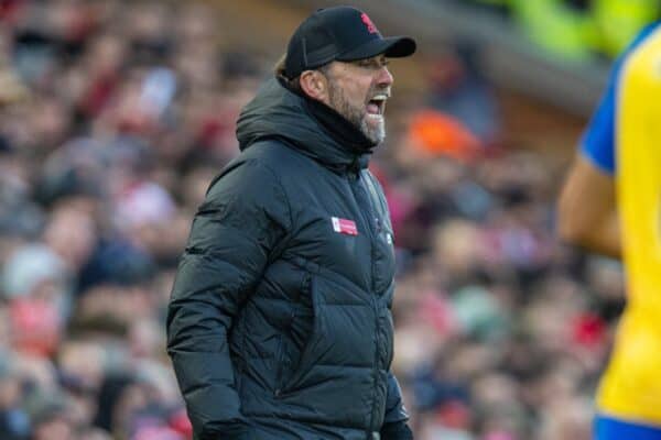 LIVERPOOL, ENGLAND - Saturday, November 27, 2021: Liverpool's manager Jürgen Klopp reacts during the FA Premier League match between Liverpool FC and Southampton FC at Anfield. (Pic by David Rawcliffe/Propaganda)