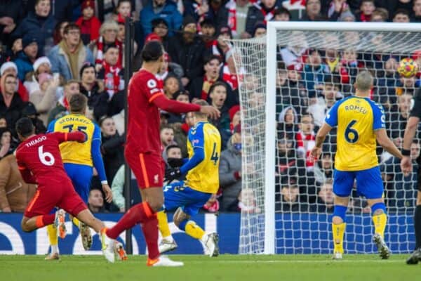 LIVERPOOL, ENGLAND - Saturday, November 27, 2021: Liverpool's Thiago Alcantara (L) scores the third goal during the FA Premier League match between Liverpool FC and Southampton FC at Anfield. (Pic by David Rawcliffe/Propaganda)