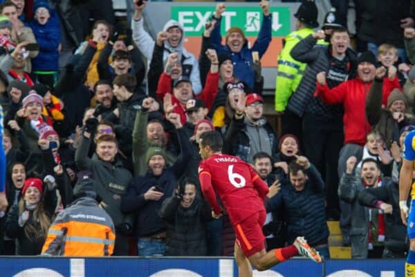 LIVERPOOL, ENGLAND - Saturday, November 27, 2021: Liverpool's Thiago Alcantara celebrates after scoring the third goal during the FA Premier League match between Liverpool FC and Southampton FC at Anfield. (Pic by David Rawcliffe/Propaganda)