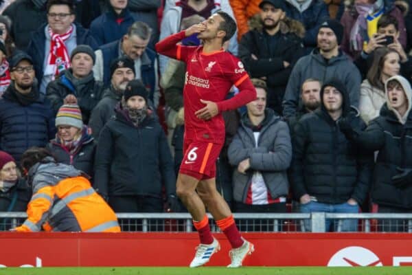LIVERPOOL, ENGLAND - Saturday, November 27, 2021: Liverpool's Thiago Alcantara celebrates after scoring the third goal during the FA Premier League match between Liverpool FC and Southampton FC at Anfield. (Pic by David Rawcliffe/Propaganda)