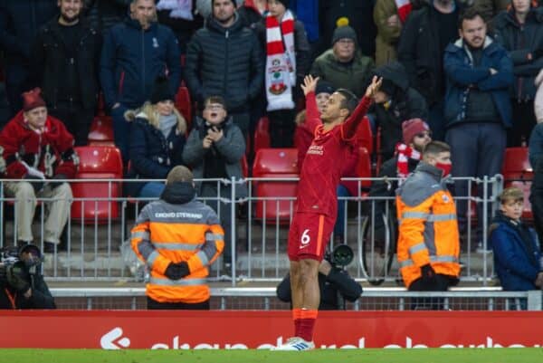 LIVERPOOL, ENGLAND - Saturday, November 27, 2021: Liverpool's Thiago Alcantara celebrates after scoring the third goal during the FA Premier League match between Liverpool FC and Southampton FC at Anfield. (Pic by David Rawcliffe/Propaganda)