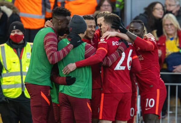 LIVERPOOL, ENGLAND - Saturday, November 27, 2021: Liverpool's Thiago Alcantara celebrates after scoring the third goal during the FA Premier League match between Liverpool FC and Southampton FC at Anfield. (Pic by David Rawcliffe/Propaganda)