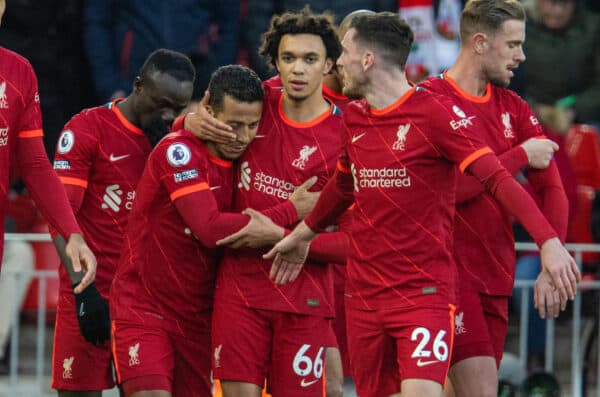 LIVERPOOL, ENGLAND - Saturday, November 27, 2021: Liverpool's Thiago Alcantara celebrates after scoring the third goal during the FA Premier League match between Liverpool FC and Southampton FC at Anfield. (Pic by David Rawcliffe/Propaganda)