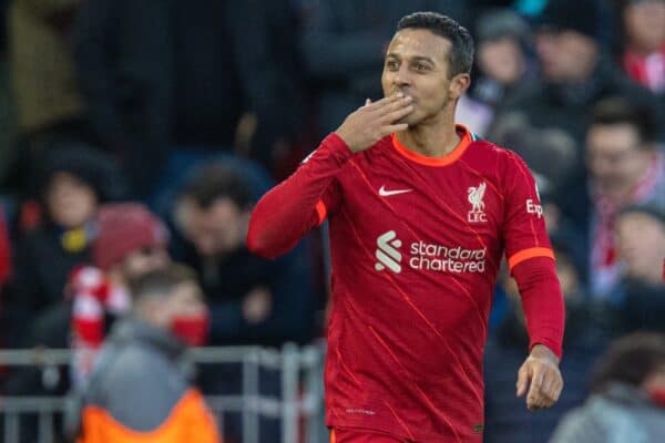 LIVERPOOL, ENGLAND - Saturday, November 27, 2021: Liverpool's Thiago Alcantara celebrates after scoring the third goal during the FA Premier League match between Liverpool FC and Southampton FC at Anfield. (Pic by David Rawcliffe/Propaganda)