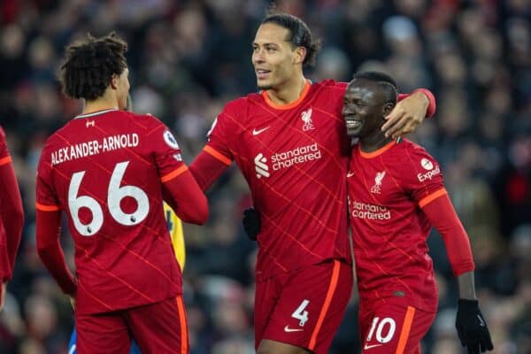 LIVERPOOL, ENGLAND - Saturday, November 27, 2021: Liverpool's Virgil van Dijk (C) celebrates with team-mate Sadio Mané (R) after scoring the fourth goal during the FA Premier League match between Liverpool FC and Southampton FC at Anfield. (Pic by David Rawcliffe/Propaganda)