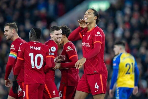 LIVERPOOL, ENGLAND - Saturday, November 27, 2021: Liverpool's Virgil van Dijk celebrates after scoring the fourth goal during the FA Premier League match between Liverpool FC and Southampton FC at Anfield. (Pic by David Rawcliffe/Propaganda)