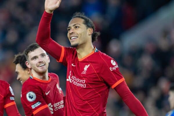 LIVERPOOL, ENGLAND - Saturday, November 27, 2021: Liverpool's Virgil van Dijk celebrates after scoring the fourth goal during the FA Premier League match between Liverpool FC and Southampton FC at Anfield. (Pic by David Rawcliffe/Propaganda)