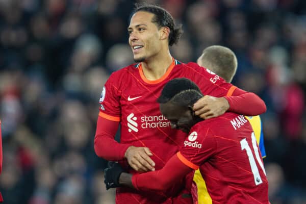 LIVERPOOL, ENGLAND - Saturday, November 27, 2021: Liverpool's Virgil van Dijk (L) celebrates with team-mate Sadio Mané (R) after scoring the fourth goal during the FA Premier League match between Liverpool FC and Southampton FC at Anfield. (Pic by David Rawcliffe/Propaganda)