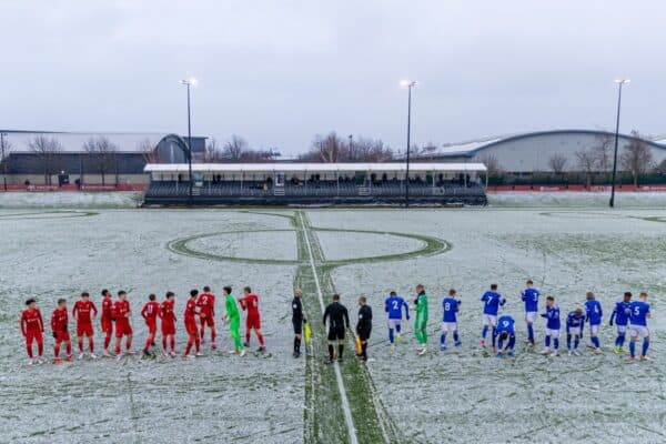 LIVERPOOL, ENGLAND - Sunday, November 28, 2021: The players line-up during the Premier League 2 Division 1 match between Liverpool FC Under-23's and Leicester City FC Under-23's at the Liverpool Academy. (Pic by David Rawcliffe/Propaganda)