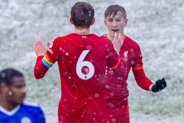 LIVERPOOL, ENGLAND - Sunday, November 28, 2021: Liverpool's Max Woltman (R) celebrates after scoring the first goal during the Premier League 2 Division 1 match between Liverpool FC Under-23's and Leicester City FC Under-23's at the Liverpool Academy. (Pic by David Rawcliffe/Propaganda)