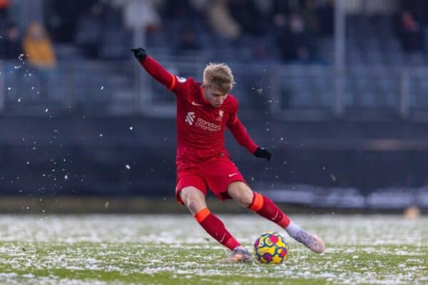 LIVERPOOL, ENGLAND - Sunday, November 28, 2021: Liverpool's Jake Bearne scores the third goal during the Premier League 2 Division 1 match between Liverpool FC Under-23's and Leicester City FC Under-23's at the Liverpool Academy. (Pic by David Rawcliffe/Propaganda)