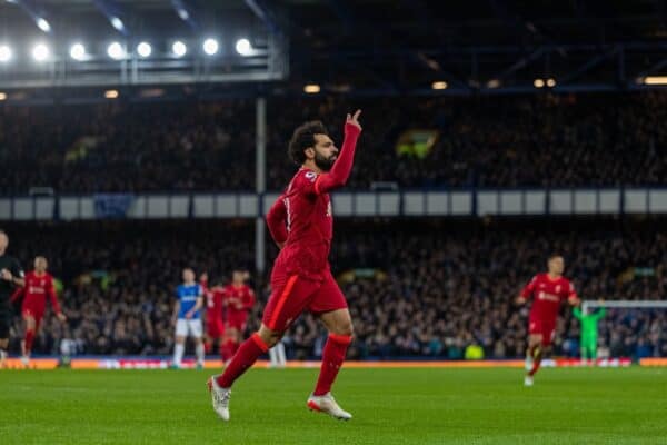 LIVERPOOL, ENGLAND - Wednesday, December 1, 2021: Liverpool's Mohamed Salah celebrates after scoring the third goal during the FA Premier League match between Everton FC and Liverpool FC, the 239th Merseyside Derby, at Goodison Park. (Pic by David Rawcliffe/Propaganda)